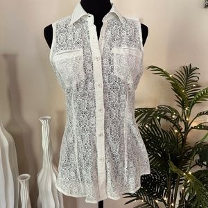 Cabi Sleeveless White Lace Button Front Tank XS
